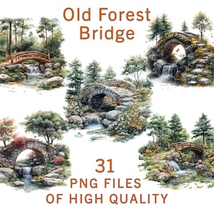 Clipart oude bosbrug | 31 schilderachtige houten en stenen bruggen png | Landschapskunst waterval | Natuurillustratie voor digitale printprojecten