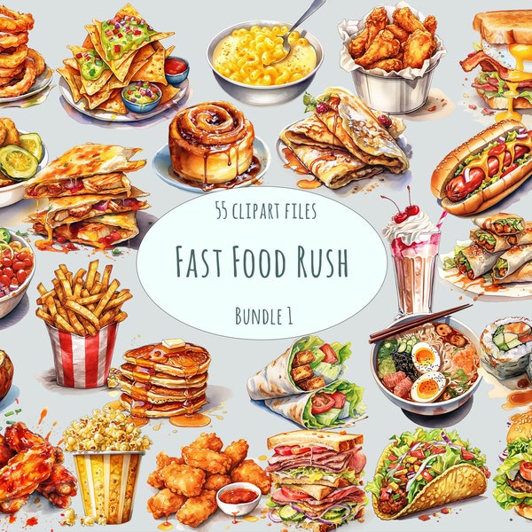 Aquarelle Fast food clipart, 55 PNG haute résolution, Street food clipart, téléchargement instantané à usage commercial, autocollants de collation, imprimables de menu