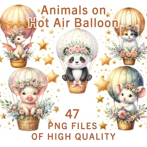 Hot Air Balloon Animals Clipart | 47 Nursery & Birthday Illustrations | Cute Baby Shower Art | Digital Download for Sublimation Print