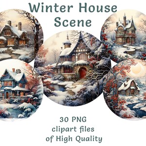 Collezione di clipart di scene Winter House: 30 incantevoli PNG ad acquerello - perfetti per uso commerciale, grafica stagionale per design e artigianato