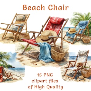 Beach Chair Clipart - 15 Watercolor PNG Files for Commercial Use, Perfect for Summer Decor, Party Invitations, and Vacation-Themed Projects