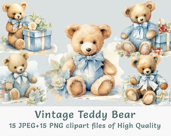 Vintage Teddy Bear Clipart Bundle, Blue Baby Bear PNG Set, Nursery Decor Graphics, Baby Shower Sublimation Design, Gender Reveal pack