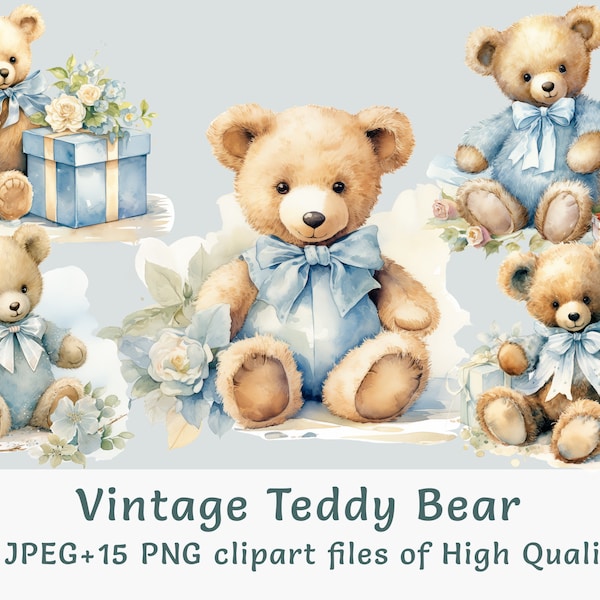 Teddy Bear Clipart in Blue, 15 PNG & JPEG, Soft Nursery Animal Illustrations, Watercolor Blue Teddy Graphics for Commercial Use