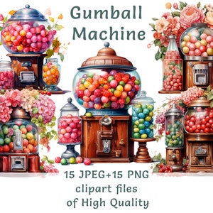 Gumball machine clipart | 15 PNG + JPEG | Watercolor bubble gum wending machine digital clipart | Commercial use sublimation print bundle