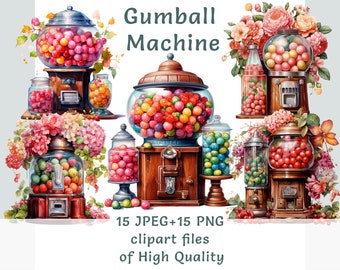 Zestaw clipartów z automatem do gumballa, cliparty z akwarelowymi słodyczami, desery do użytku komercyjnego, nadruk sublimacyjny, przezroczysta grafika png