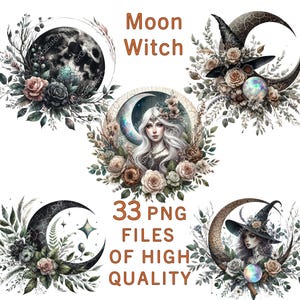May include: Digital art featuring a collection of illustrations with a celestial theme. The images include crescent moons, witches, floral arrangements, and the text "Moon Witch" and "33 PNG FILES OF HIGH QUALITY."