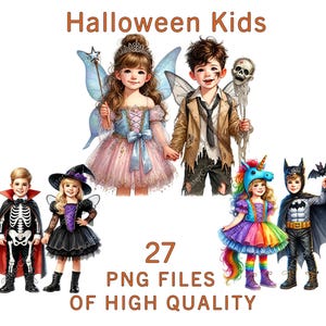 Clipart de disfraces de Halloween para niños, 27 pegatinas de truco o trato, lindos PNG de Halloween, uso comercial, arte infantil espeluznante, descarga digital