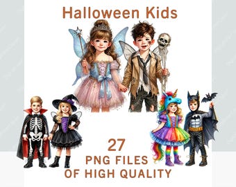 Könnte beinhalten: Ein Set mit 27 hochwertigen PNG-Dateien, die Kinder in verschiedenen Halloween-Kostümen zeigen. Die Kostüme umfassen eine Fee, einen Zombie, eine Hexe, ein Einhorn und eine Fledermaus. Das Bild enthält den Text "Halloween Kids" und "27 PNG Files of High Quality".