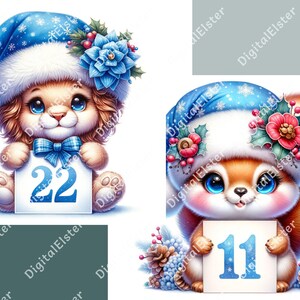 May include: Two adorable cartoon animals wearing blue winter hats with snowflake and floral accents. One is a lion holding a sign with the number 22, the other is a squirrel holding a sign with the number 11. Festive holiday theme.