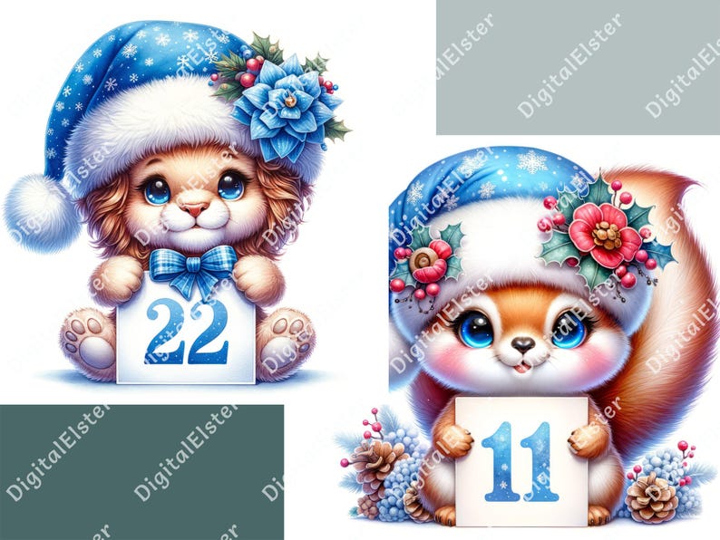 May include: Two adorable cartoon animals wearing blue winter hats with snowflake and floral accents. One is a lion holding a sign with the number 22, the other is a squirrel holding a sign with the number 11. Festive holiday theme.