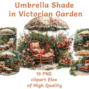 Victorian Garden Umbrella Clipart: 15 Watercolor Elegant PNG, Shade Designs for Commercial Use, Perfect for Invitations & Home Decor Crafts image 1