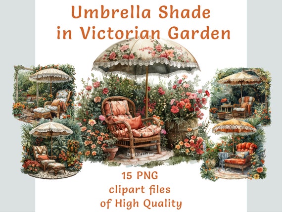 Victorian Garden Umbrella Clipart: 15 Watercolor Elegant PNG, Shade Designs for Commercial Use, Perfect for Invitations & Home Decor Crafts