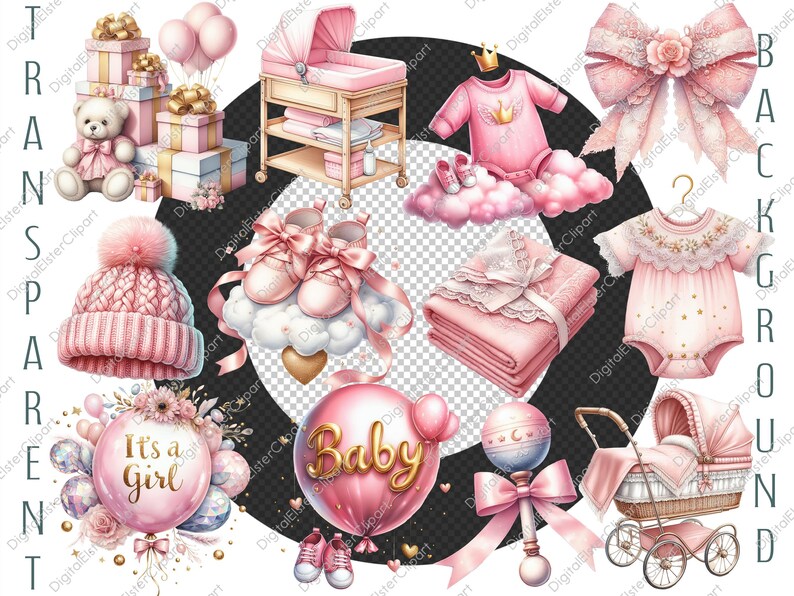 Baby Shower Clipart | 55 PNG | Watercolor Girl Stickers | Nursery Decor ...