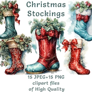 Könnte beinhalten: Aquarellillustration von Weihnachtsstrümpfen in verschiedenen Designs. Die Strümpfe sind rot, türkis und weiß und mit Stechpalmen, Beeren und Schleifen verziert. Der Text "Christmas Stockings" steht oben. Das Bild enthält auch den Text "15 JPEG+15 PNG clipart files of High Quality."