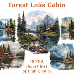 Forest Lake Cabin Clipart - 15 Aquarell-PNG-Dateien für den kommerziellen Gebrauch, ideal für rustikale Wohndekoration, Briefpapier und Wildnisprojekte