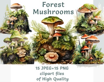 May include: Watercolor illustrations of various mushrooms in a forest setting. The image features several mushroom varieties with brown, red, and green caps, surrounded by greenery. Text at the top reads "Forest Mushrooms" and at the bottom "15 JPEG+15 PNG clipart files of High Quality."