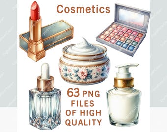 Peut inclure: Un ensemble de cosmétiques dans une illustration de style aquarelle. L'ensemble comprend un rouge à lèvres, un pot de crème pour le visage, un flacon de sérum, un flacon de lotion et une palette de fards à paupières. Le texte "Cosmetics" est écrit en lettres brunes en haut de l'image. Le texte "63 PNG FILES OF HIGH QUALITY" est écrit en lettres brunes en bas de l'image.