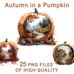Ensemble de clipart citrouille, aquarelle automne parc vues, 25 PNG, licence commerciale, décoration automne, travaux manuels, autocollants Halloween, oeuvre d'art imprimable