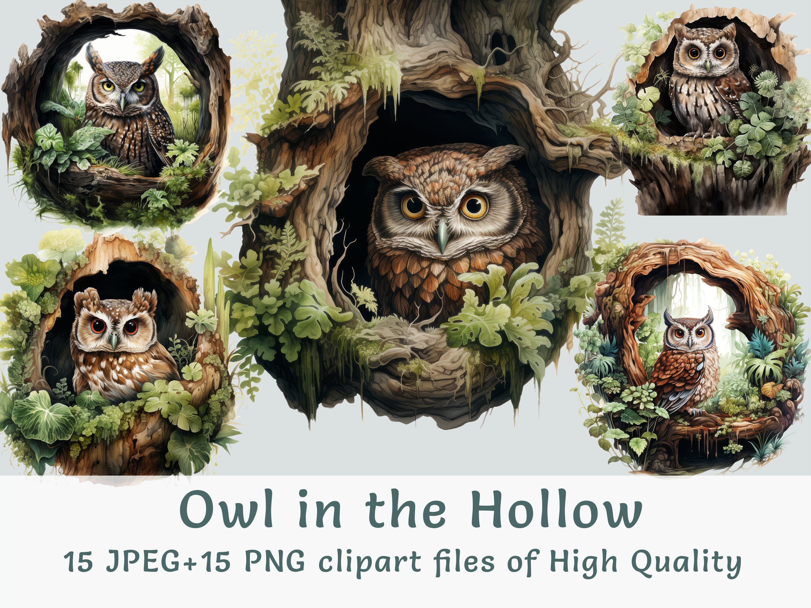 Watercolor Owl Clipart 15 High quality PNG and JPEG files owl in hollow illustration nursery sticker