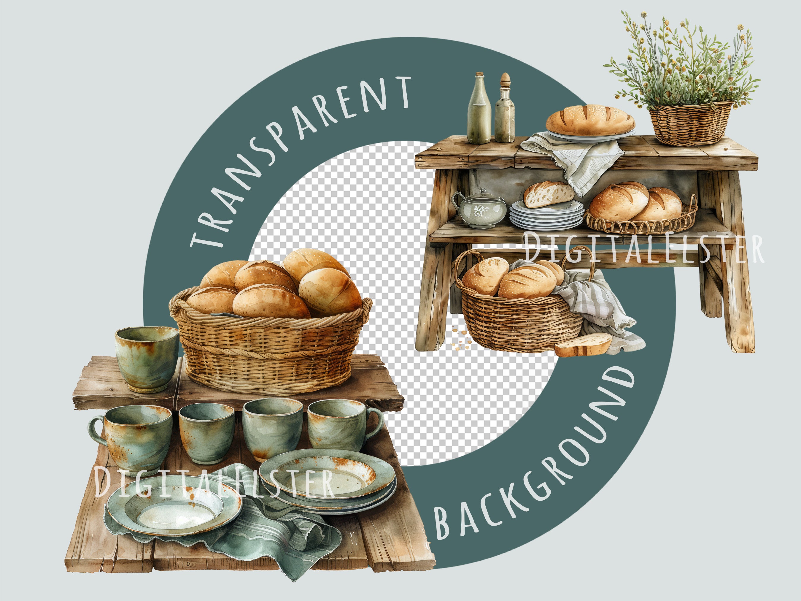 Rustic Bread Table Rustic Bread Table Clipart PNG Bakery Table Illustration Farmhouse ...
