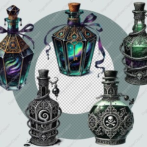 Op de afbeelding: Vier sierlijke glazen flessen met verschillende gekleurde vloeistoffen en decoratieve metalen accenten. De flessen hebben een donkere, gotische esthetiek.