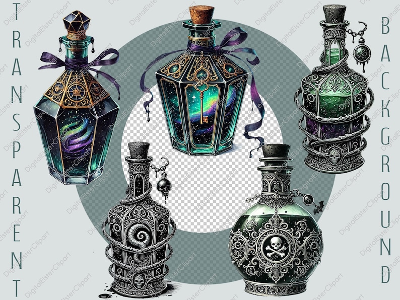 Op de afbeelding: Vier sierlijke glazen flessen met verschillende gekleurde vloeistoffen en decoratieve metalen accenten. De flessen hebben een donkere, gotische esthetiek.