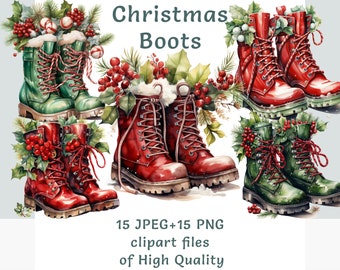 Watercolor Christmas boots clipart 15 High quality PNG and JPEG Files cottagecore printables sublimation print santa boots leather boots