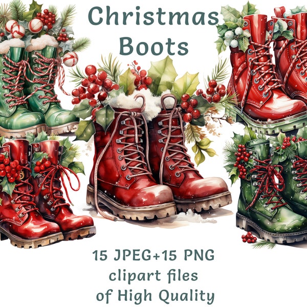 Watercolor Christmas boots clipart 15 High quality PNG and JPEG Files cottagecore printables sublimation print santa boots leather boots