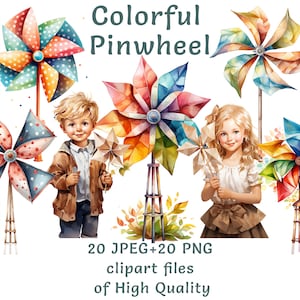 Bambini con set di clipart girandola - PNG e JPEG acquerello, 20 disegni unici per uso commerciale, download istantaneo, arte digitale per bambini giocosi