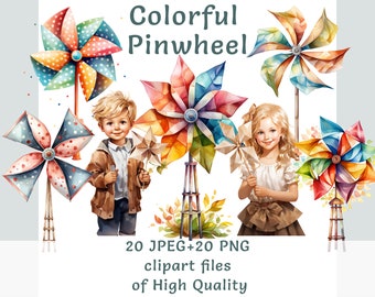 Pinwheel clipartbundel, aquarel kinderstickers, commercieel gebruik verjaardagskunstbundel, sublimatie print bloemen transparante png-set