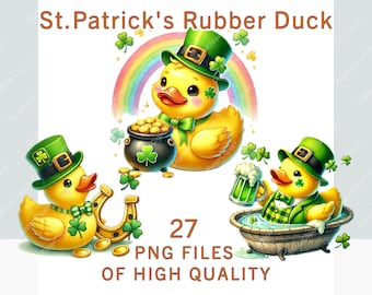 St Patricks Day Rubber Duck Clipart bundle, Watercolor yellow duck clipart, Commercial use irish printable graphics, Sublimation print png