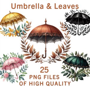 Clipart de paraguas vintage / 25 PNG elegantes sombrillas y hojas artísticas / Sublimación de acuarela otoñal, pegatinas, decoración de bodas y manualidades de temporada