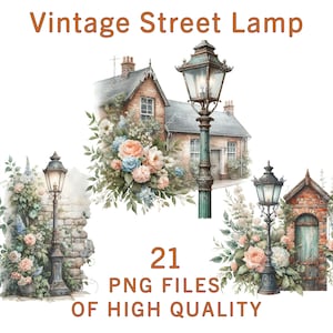 Farola vintage Clipart / 21 PNG / Farolas retro / Farolas florales para sublimación, manualidades y arte digital / Pegatinas para postes de luz