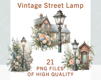 Watercolor Vintage Street Lamp Clipart PNG, Floral Lantern, Old Town Architecture, Antique Lamp Post, Commercial Use