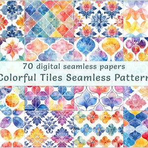 Modèles sans couture de carreaux colorés azulejos aquarelle | 70 papiers numériques pour scrapbooking, tissu, sublimation et travaux manuels, arrière-plan imprimable