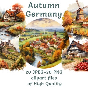 Clipart de otoño alemán / 20 PNG + JPEG / Paquete digital de paisajes europeos en acuarela / Pegatinas de impresión por sublimación de alta calidad para uso comercial