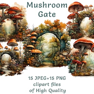 Verzauberte Waldtor Aquarell Clipart - Pilz-Dekor, 15 PNG & JPEG, rustikale Wald digitale Fee Herbst Kunst für kommerzielle Nutzung