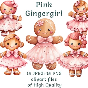 Clipart di donna di pan di zenzero, 15 PNG e JPEG di alta qualità, biscotti di Natale, adesivi rosa di ragazza di pan di zenzero per uso commerciale, stampe festive