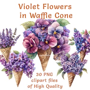 Clipart floral / Clipart de cono de waffle / 30 archivos PNG / Uso comercial / Clipart de waffle / Pegatinas de San Valentín / Arte de impresión por sublimación