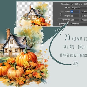 Halloween Orange Kürbisse Clipart, 20 PNG Aquarell Herbst Haus Aufkleber, Herbst Ernte Clip Art, Dekorationen, Ausdrucke, kommerzielle Nutzung