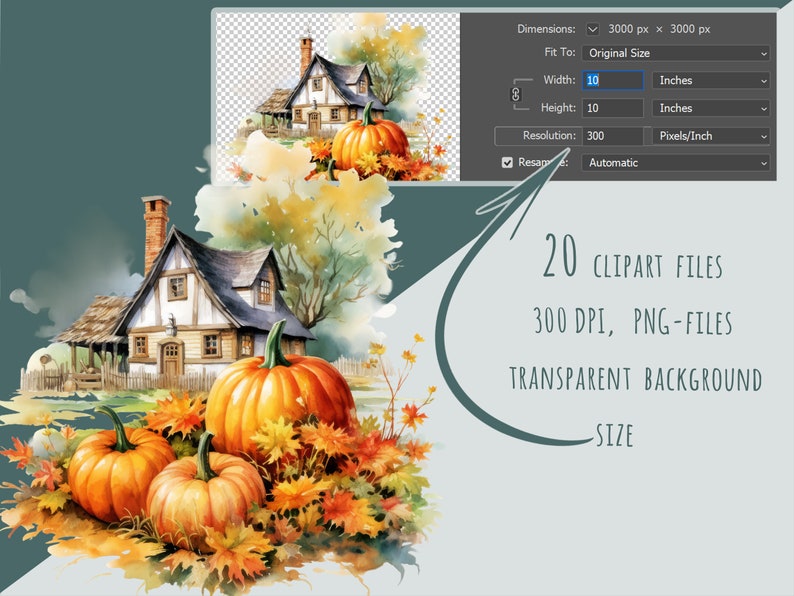 May include: Watercolor illustration featuring a quaint cottage with a thatched roof, surrounded by pumpkins and autumn leaves. The image includes text: "20 CLIPART FILES, 300 DPI, PNG-FILES, TRANSPARENT BACKGROUND, SIZE."