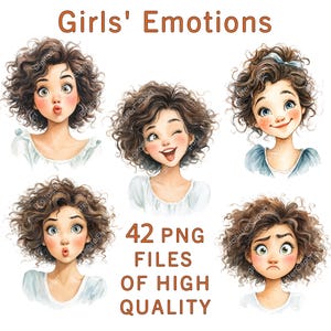 Clipart de emociones / 42 archivos PNG / Paquete digital de caras de acuarela / Pegatinas de caras de mujer para uso comercial / Impresión por sublimación / Envoltura para vaso
