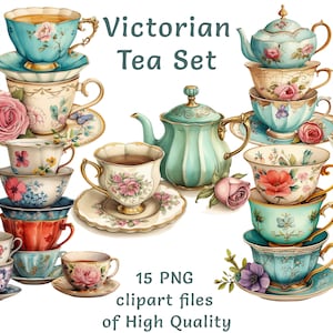 Porseleinen beker clipart collectie - 15 aquarel PNG's voor commercieel gebruik, elegante vintage theekop digitale kunst, Cottagecore afdrukbare kunst