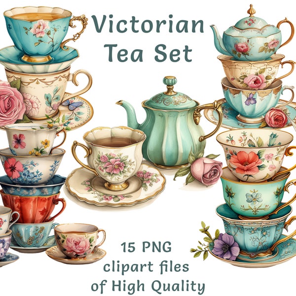 Porcelain Cup Clipart Collection - 15 Watercolor PNGs for Commercial Use, Elegant Vintage Tea Cup Digital Art, Cottagecore Printable Art