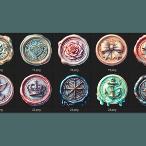 May include: Ten round wax seals with various designs, including a dove, crown, compass, anchor, and floral motifs. The seals are in various colors, including gold, blue, green, and red.