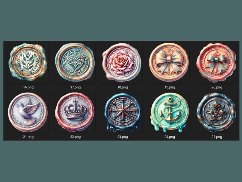 May include: Ten round wax seals with various designs, including a dove, crown, compass, anchor, and floral motifs. The seals are in various colors, including gold, blue, green, and red.