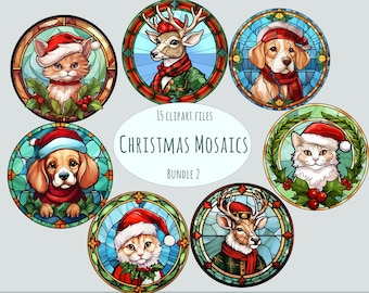 May include: A selection of Christmas mosaic designs showcasing animals such as cats, dogs, and deer, all adorned with Santa hats and festive clothing. The circular designs have stained-glass style borders, and the text "Christmas Mosaics Bundle 2" is visible.