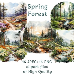 Spring Forest Clipart: 15 Watercolor PNG & JPEG, Nature Inspired Stickers for Commercial Use, Instant Download, Landscape Printables