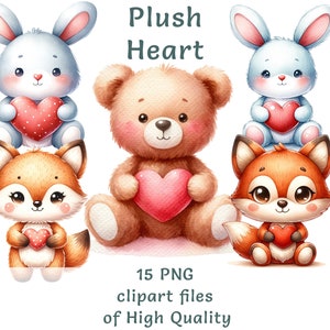 Clipart jouet coeur en peluche - 15 PNG aquarelle pour la Saint-Valentin, idéal pour la papeterie, la décoration et les cadeaux personnalisés, ours en peluche à usage commercial
