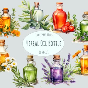 Clipart huile aquarelle 15 fichiers PNG de haute qualité huile de massage clip art autocollants huile organique cottagecore imprimables bouteilles d'huile à base de plantes